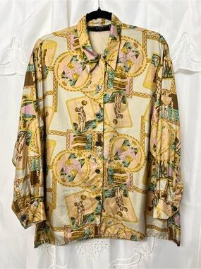 Vintage Ted Lapidus Paris 100% Silk Button Front Blouse Greco Roman Print Size M